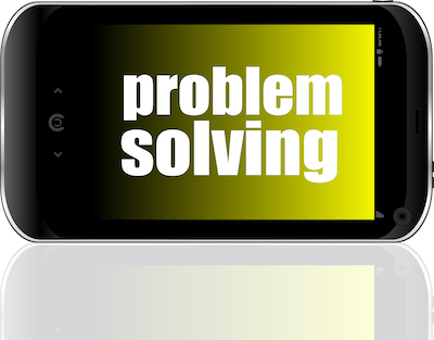 A mobile phone with Problem Solvers on the screen