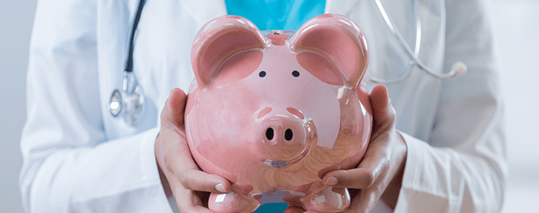 Dr. holding a pink piggy bank illustrating practice value building benefits